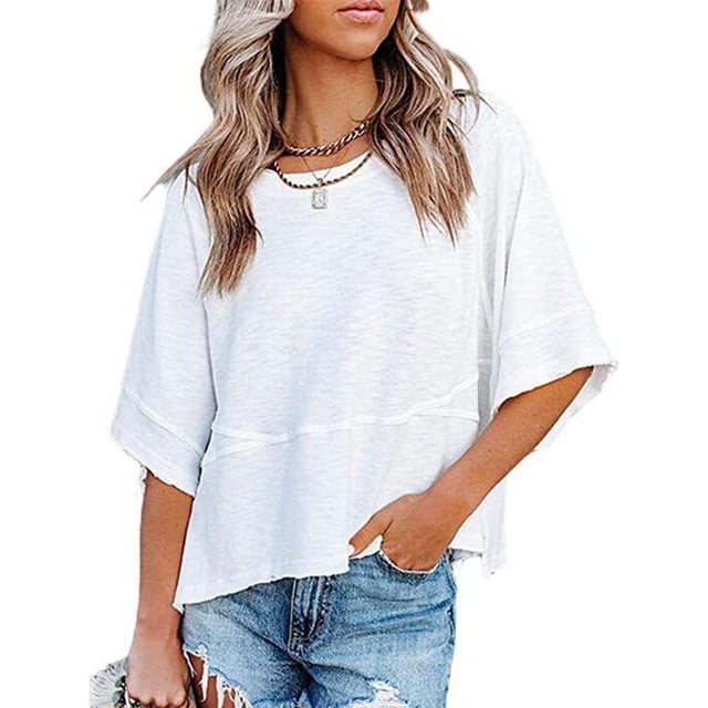 Mujer Verano Top Cuello Redondo Mangas 3/4 Campana Suelta Color Puro Camiseta Casual Blanco L