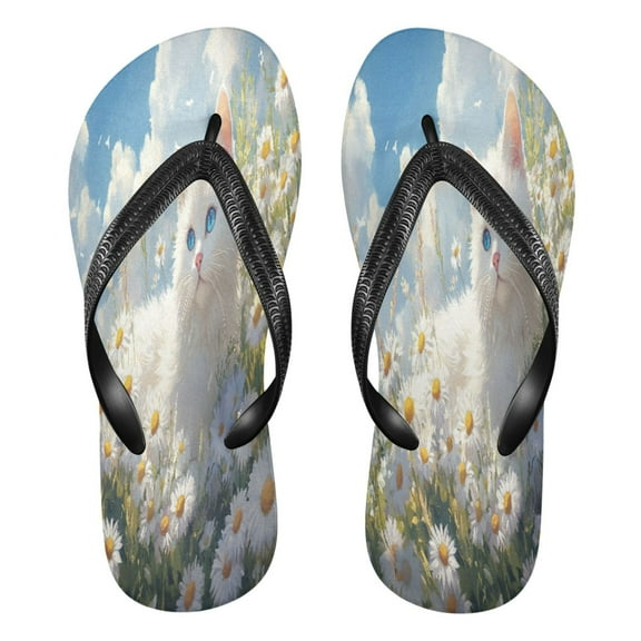 YAZAOOSummer Flip Flops Creatively White Cat Among Daisies Simple Beach Sandals