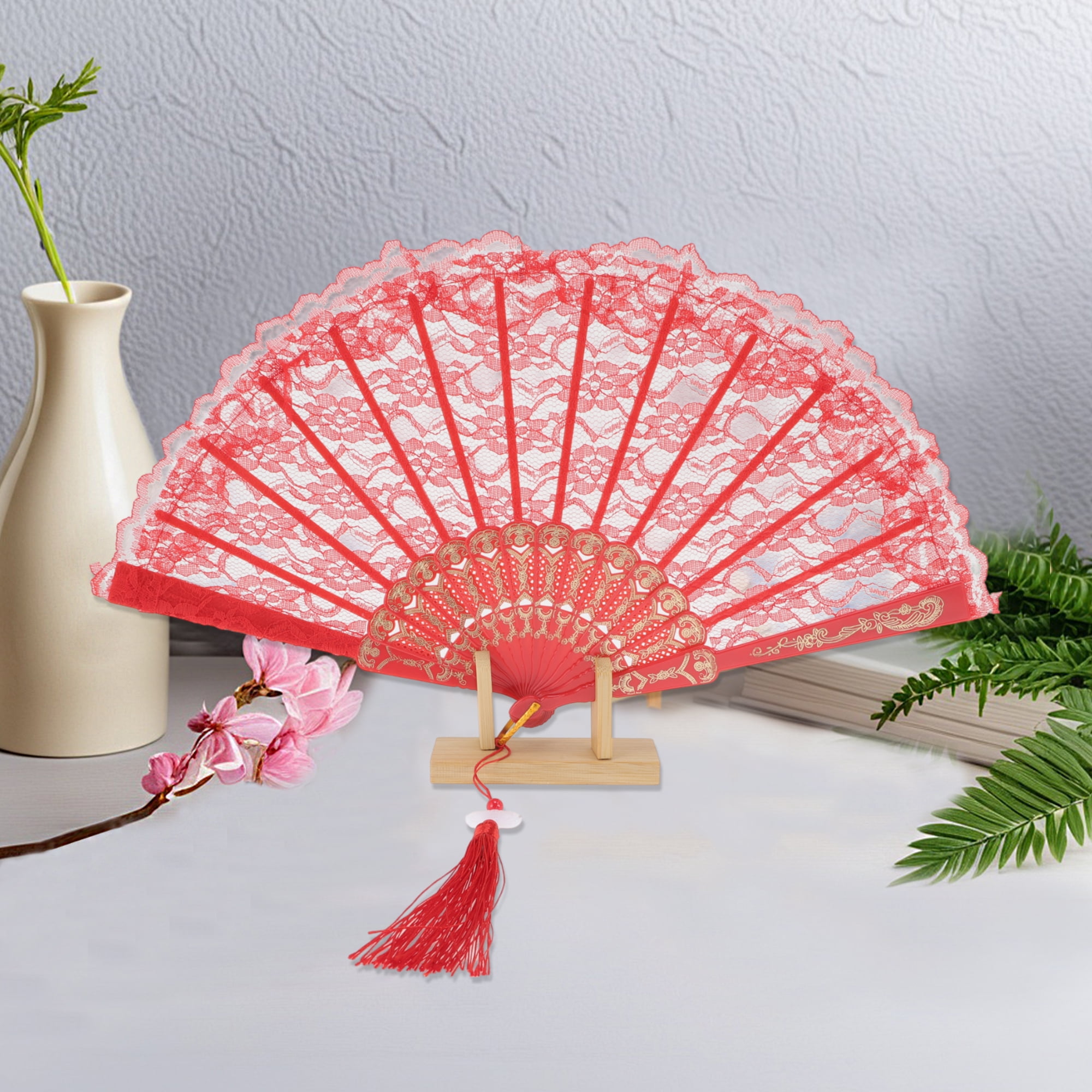 Unique Bargains Lace Trim Orchid with Tassel Folding Fan 1 Pc Red