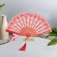 thumbnail image 4 of Unique Bargains 1 Pc Lace Trim Orchid with Tassel Folding Fan for Masquerade Red Silk Fabric, 4 of 5