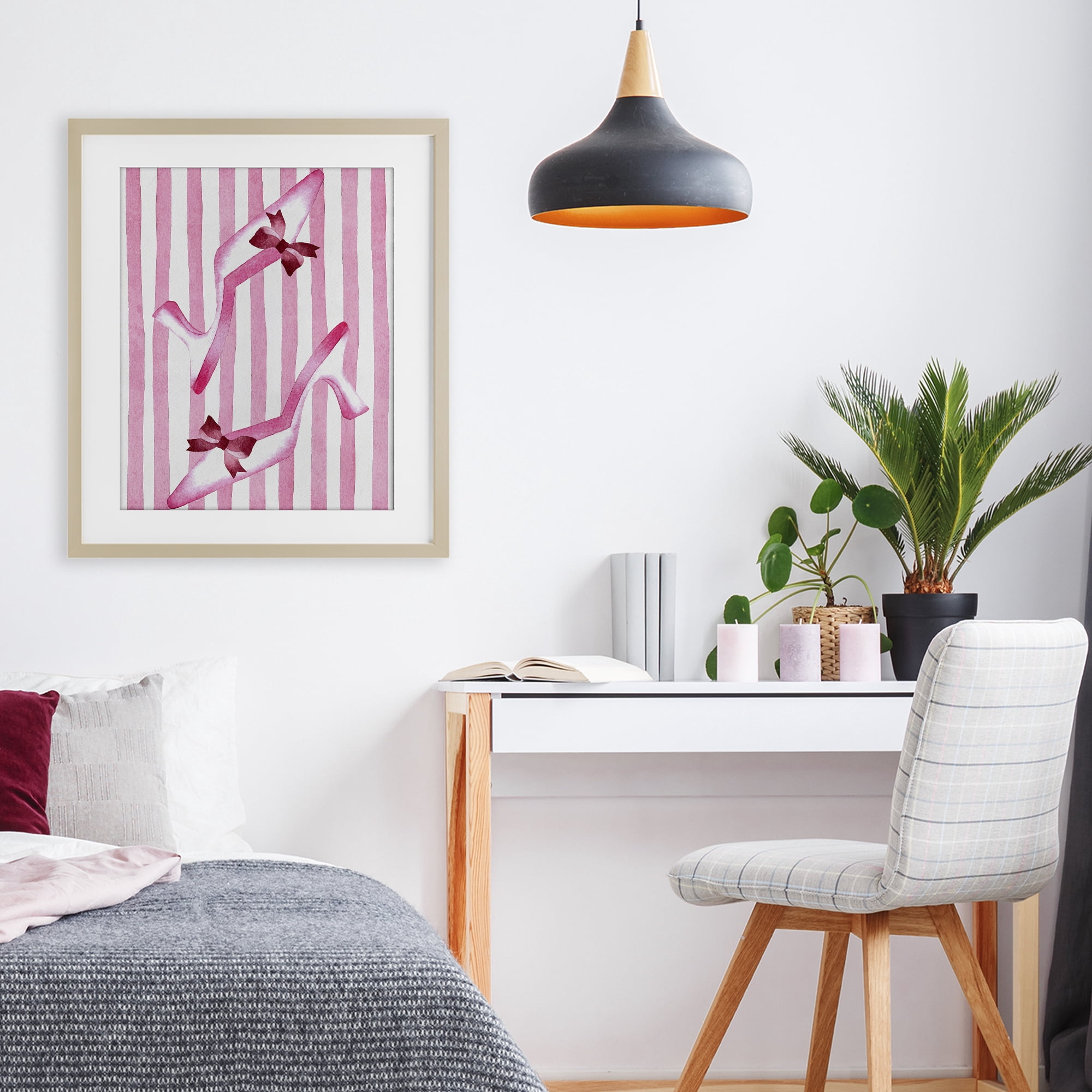 Stupell Industries Bow Heels on Pink Stripes Birch Framed Print Under Glass, design by Camila Juncos