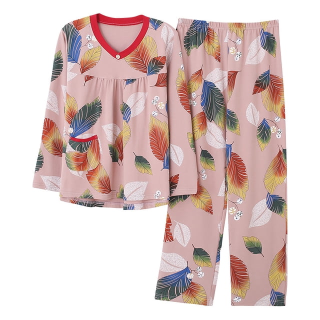 REDHOTYPE Pyjama Fantaisie à Fleurs pour Femme, Printemps Automne, Maman, Manches Longues, Coton, Col Rond, Automne pour Femme, Grande Taille, Tenue d'Intérieur