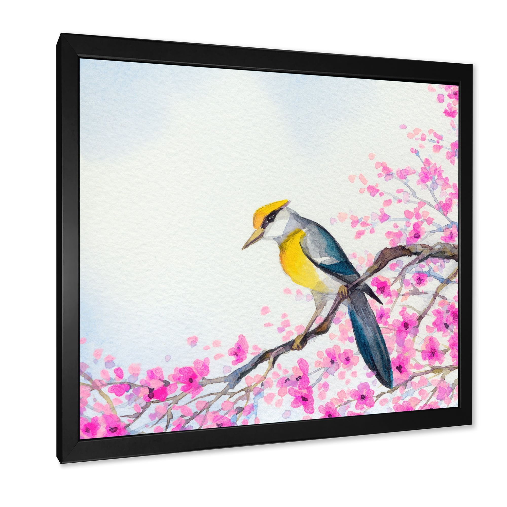 Beautiful Bird Sitting On Flowering Branch 36 in x 36 in Framed Painting Canvas Art Print, by Designart