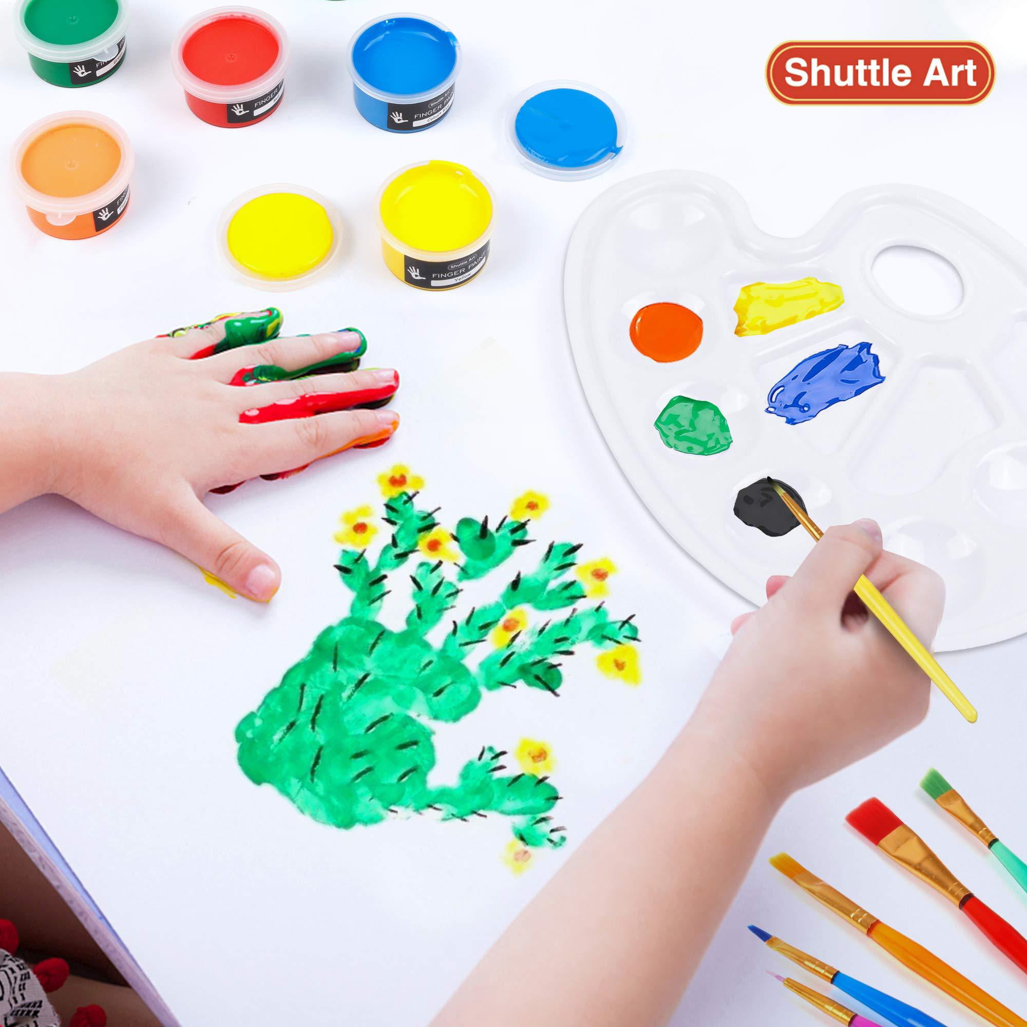 Washable Finger Paint Set Shuttle Art 46 Pack Kids Paint Set with 14 Colors(60ml) Finger Paints Brushes Finger Paint Pad Sponge Palette Smock