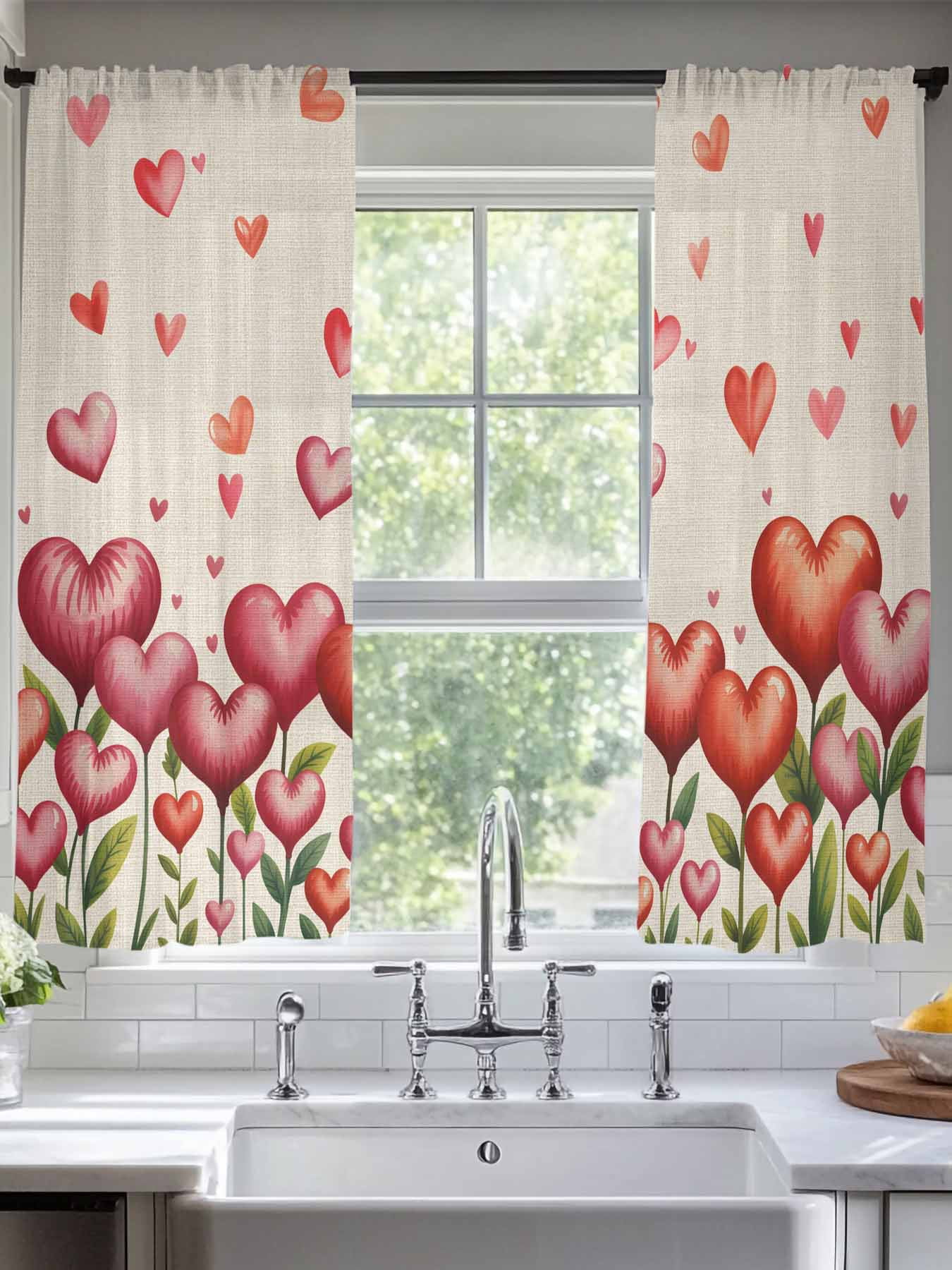 Valentine's Day Sheer Curtains 2 Panels Set Watercolor Red Pink Love Heart Floral Plant Linen Texture Sheer Window Curtains Light Filtering Rod Pocket Voile Drapes for Bedroom Living Room 52"X72"