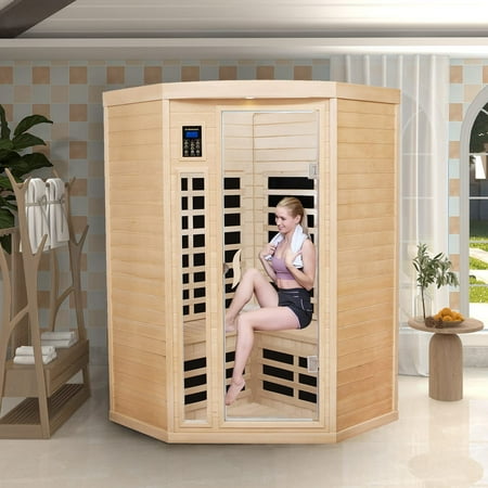 Xmatch Far Infrared Wooden Sauna Room, 2-Person for Corner Space, with 1600W, 7 Low EMF Heaters, 2 Bluetooth Speakers, 2 LED Reading Lamps and 3 Chromotherapy Lights