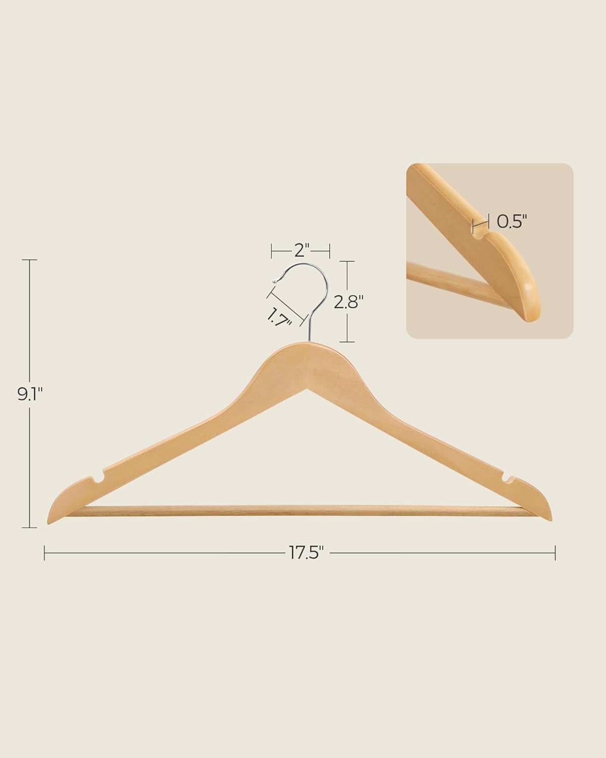 Set of 20 Wooden Hangers with Rubber Coating, Non-Slip Coat Hangers with Shoulder Grooves, Pants Bar, 360° Swivel Hook, for Jackets, Shirts