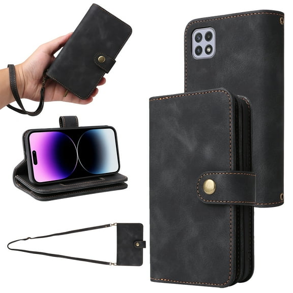 for Samsung Galaxy A22 5G Wallet Case, [Card Slots] PU Leather ID Credit Holder Folio Flip Kickstand Magnetic Clasp Phone Cover & Lanyard & Shoulder Strap for Samsung Galaxy A22, Black