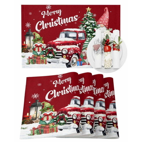 Christmas Placemats Set of 6, Merry Christmas Gnome Place Mats Xmas Trees Red Truck Placemat Table Decoration for Kitchen Table Dinner Xmas Holiday Party Home Decor Indoor Outdoor 13x19 Inch
