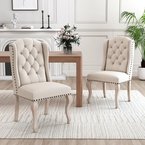 Tufted Upholstered Parsons Dining Chairs Set of 2, Beige | Linen Upholstery, Tufted Wingback, Solid Wood Legs, Nailhead Trim, High Back, French Country Kitchen Chairs for Dining Space