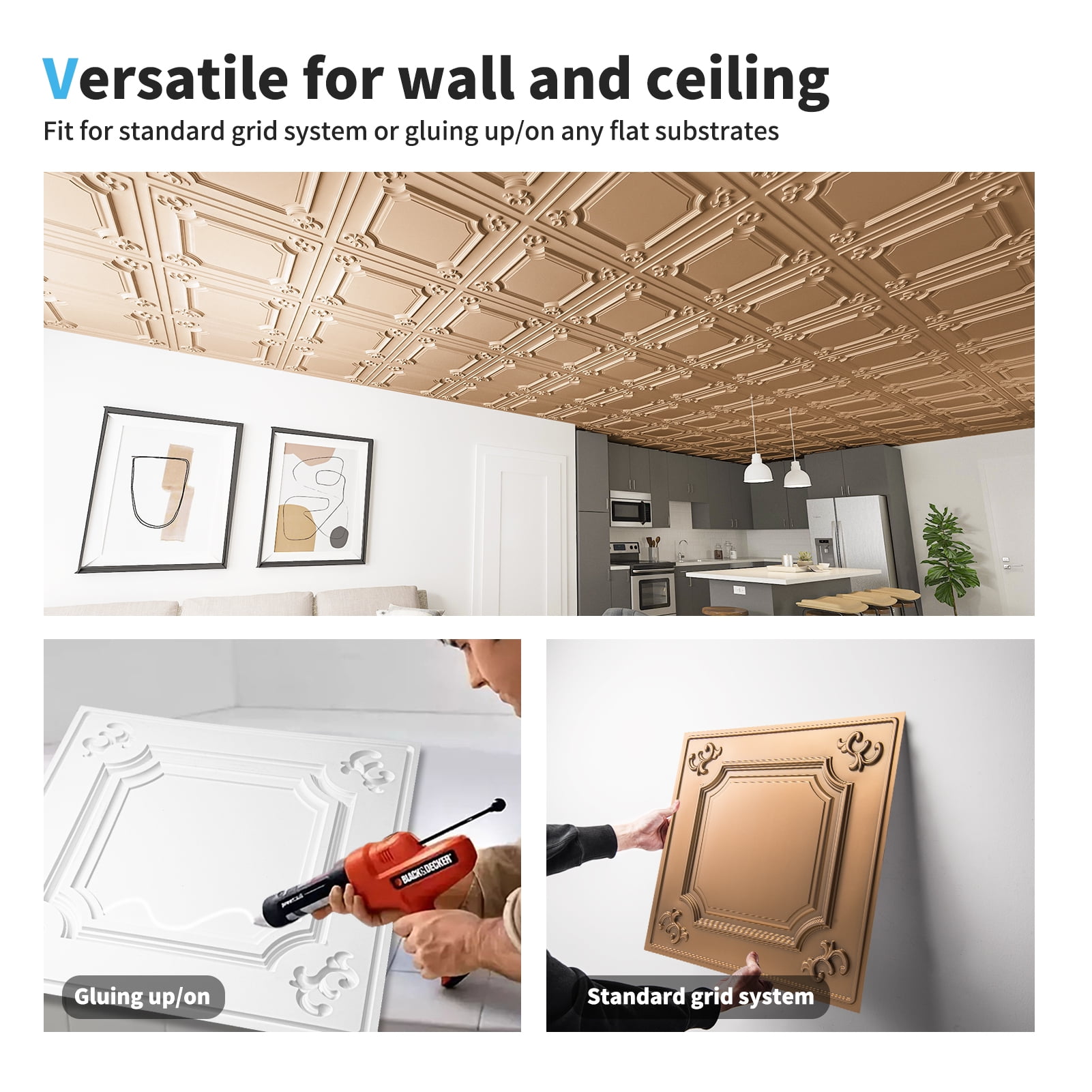 Art3d 3D Wall Panel 2ft. x 2ft. 12Tiles Glue up or Drop in PVC Ceiling Tile in Bronze