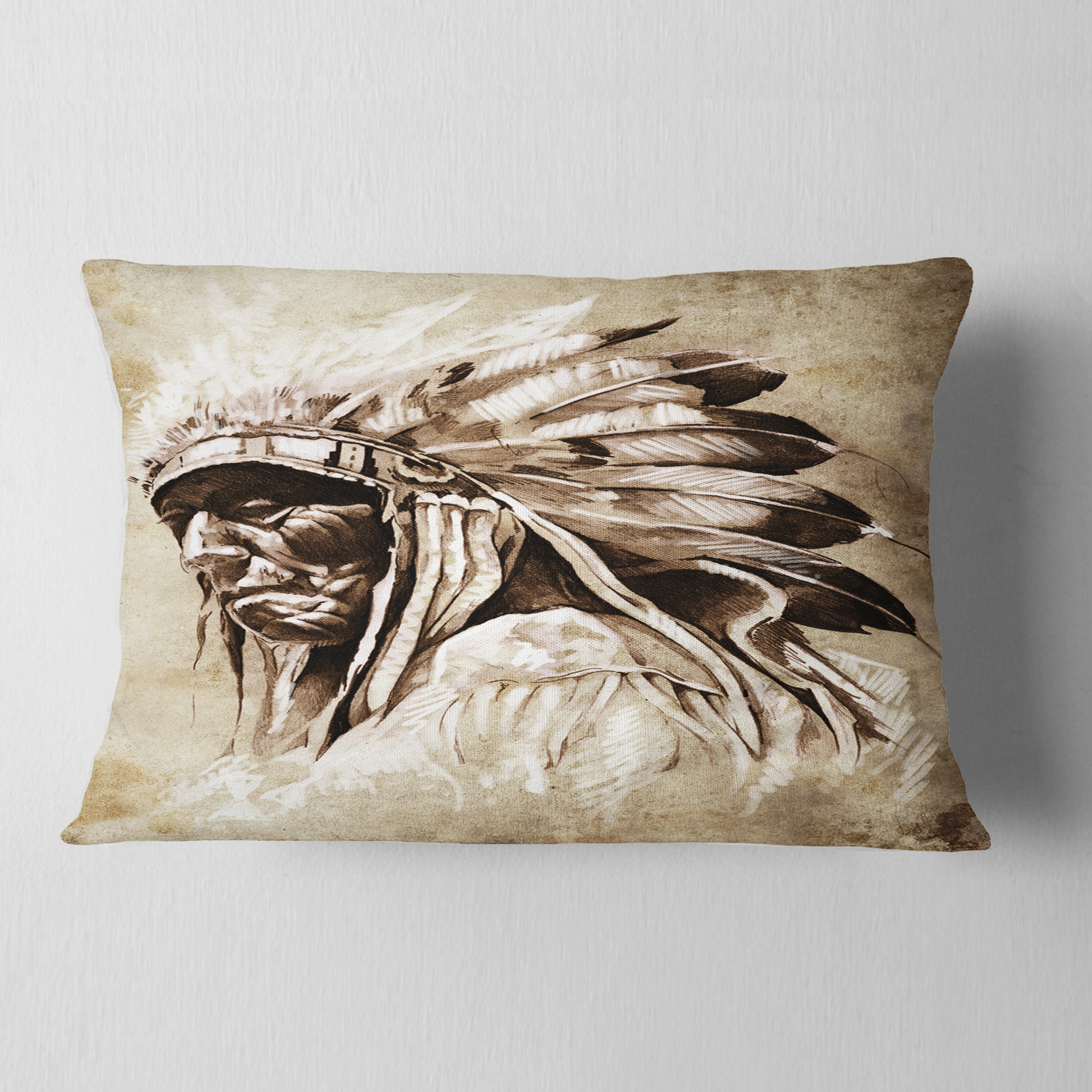 Designart Vintage Style Indian Head Tattoo - Abstract Throw Pillow - 12x20