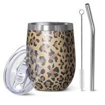 12oz Stemless Wine Tumblers Brown and Black Leopard Print Vacuum Insulated Stainless Steel Travel Tumbler Cups Mug with Lid and Straw for Champaign,Cocktail,Beer with Cleaning Brush