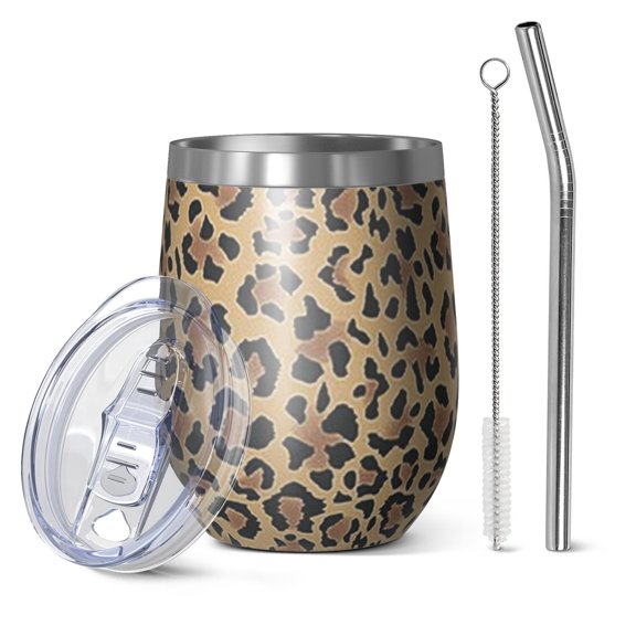 12oz Stemless Wine Tumblers Brown and Black Leopard Print Vacuum Insulated Stainless Steel Travel Tumbler Cups Mug with Lid and Straw for Champaign,Cocktail,Beer with Cleaning Brush