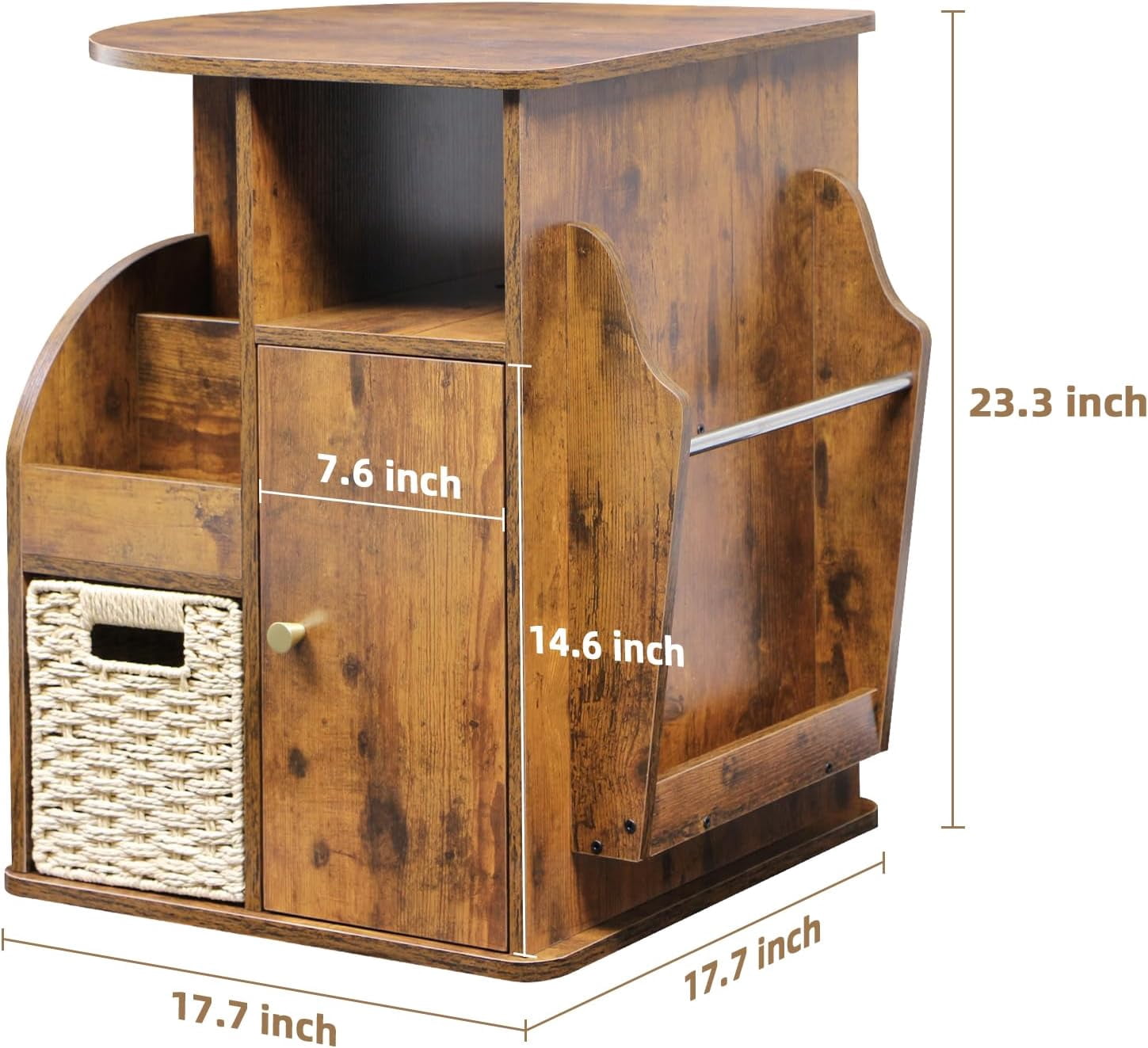 TooCust Rotating End Table with Storage, Rotating Side Table Living Room, Side Table with Magazine Holder, Basket and Cabinet, Sofa Side Farmhouse End Tables with Open Shelf (Rustic Brown)