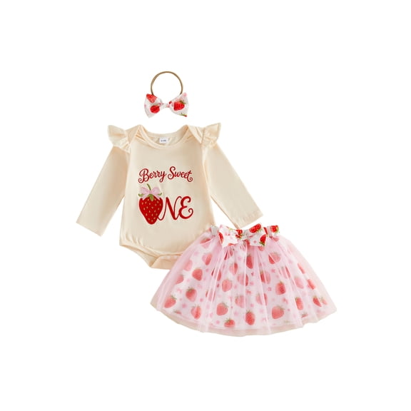 Cjfdfy Newborn Baby Girls 1St Birthday Outfit Berry Sweet One Embroidery Romper And Tulle Skirt Headband 3Pcs Set Infant Cute My First Birthday Fall Winter Outfit 6-18M