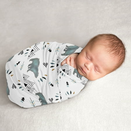 UPC: 0846480085171 | Sweet Jojo Designs Bear Mountain Baby Boy Swaddle Blanket Jersey Stretch Knit for Newborn or Infant Receiving Security – Slate Blue and Black Woodland Forest Animal