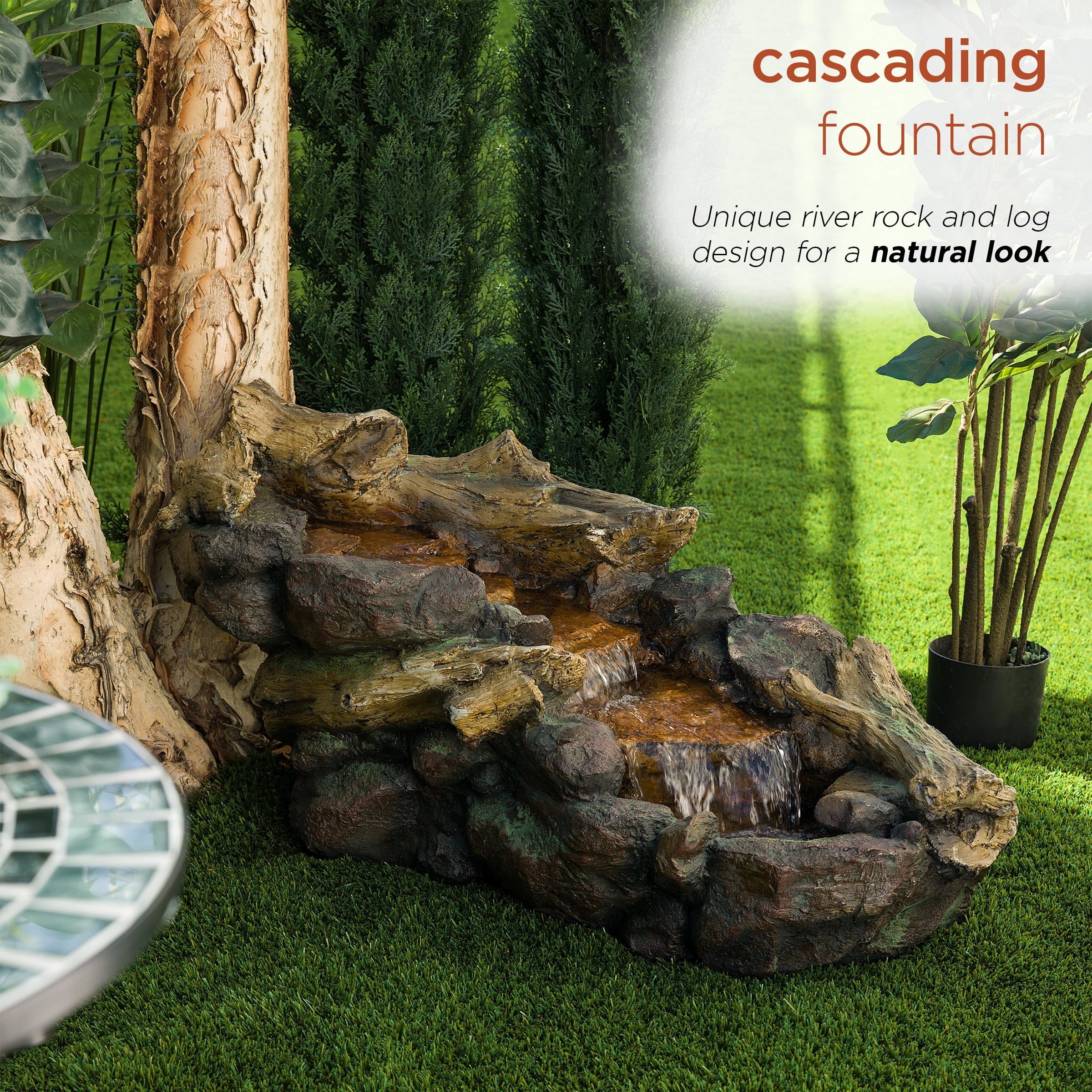 Alpine Corporation 41" Long Indoor/Outdoor River Rock and Log Fountain with LED Lights