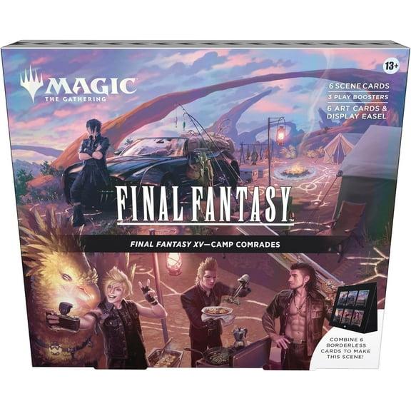 Magic: The Gathering Final Fantasy XV Scene Box - Camp Comrades | 6 Foil Borderless Scene Cards, 6 Art Cards, 3 Play Boosters   1 Display Easel