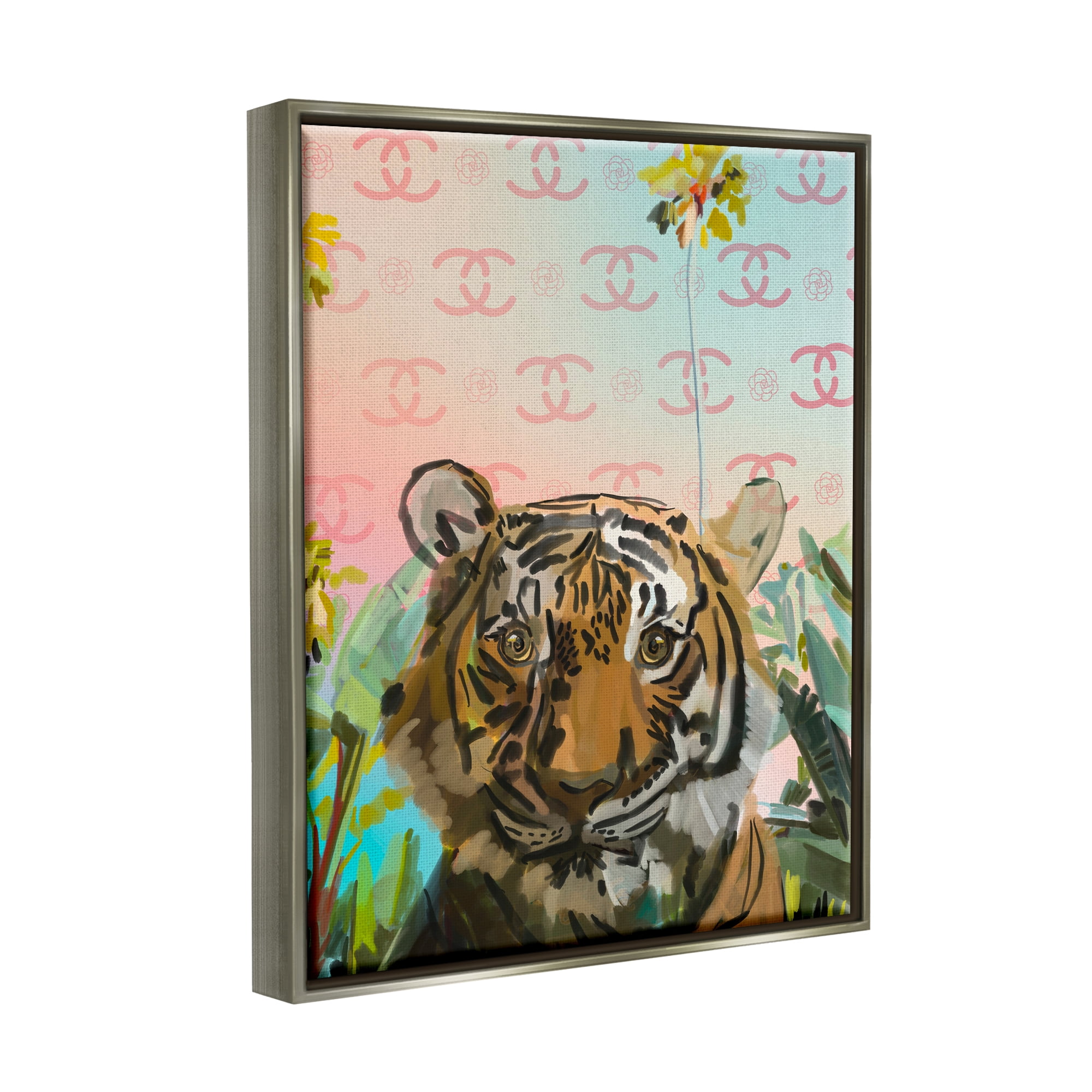 Stupell Industries Glam Tropical Tiger Animals & Insects Painting Gray Floater Framed Art Print Wall Art, 17 x 21