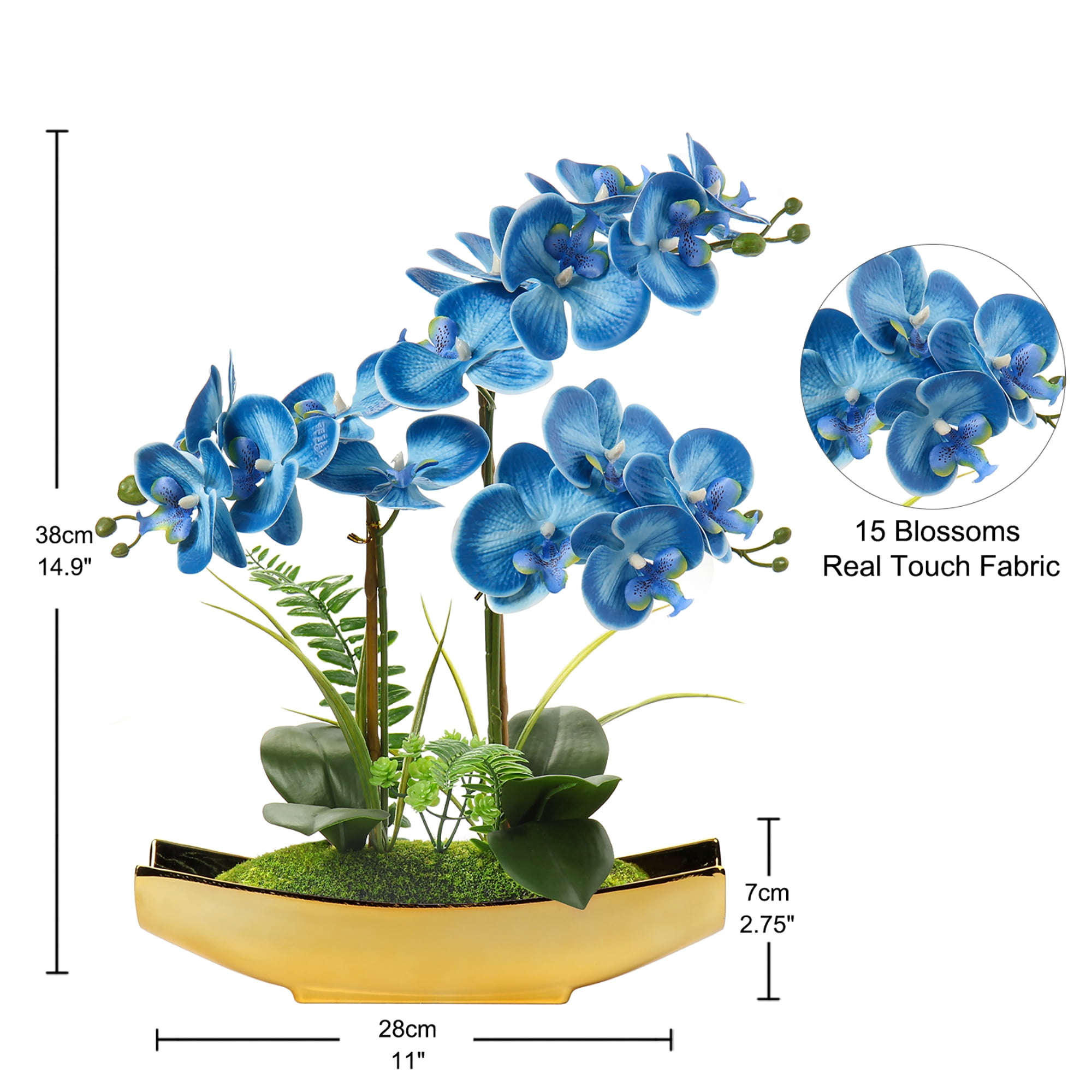 15" Artificial Blue Phalaenopsis Orchid  with Gold Boat Pots Home Decoration