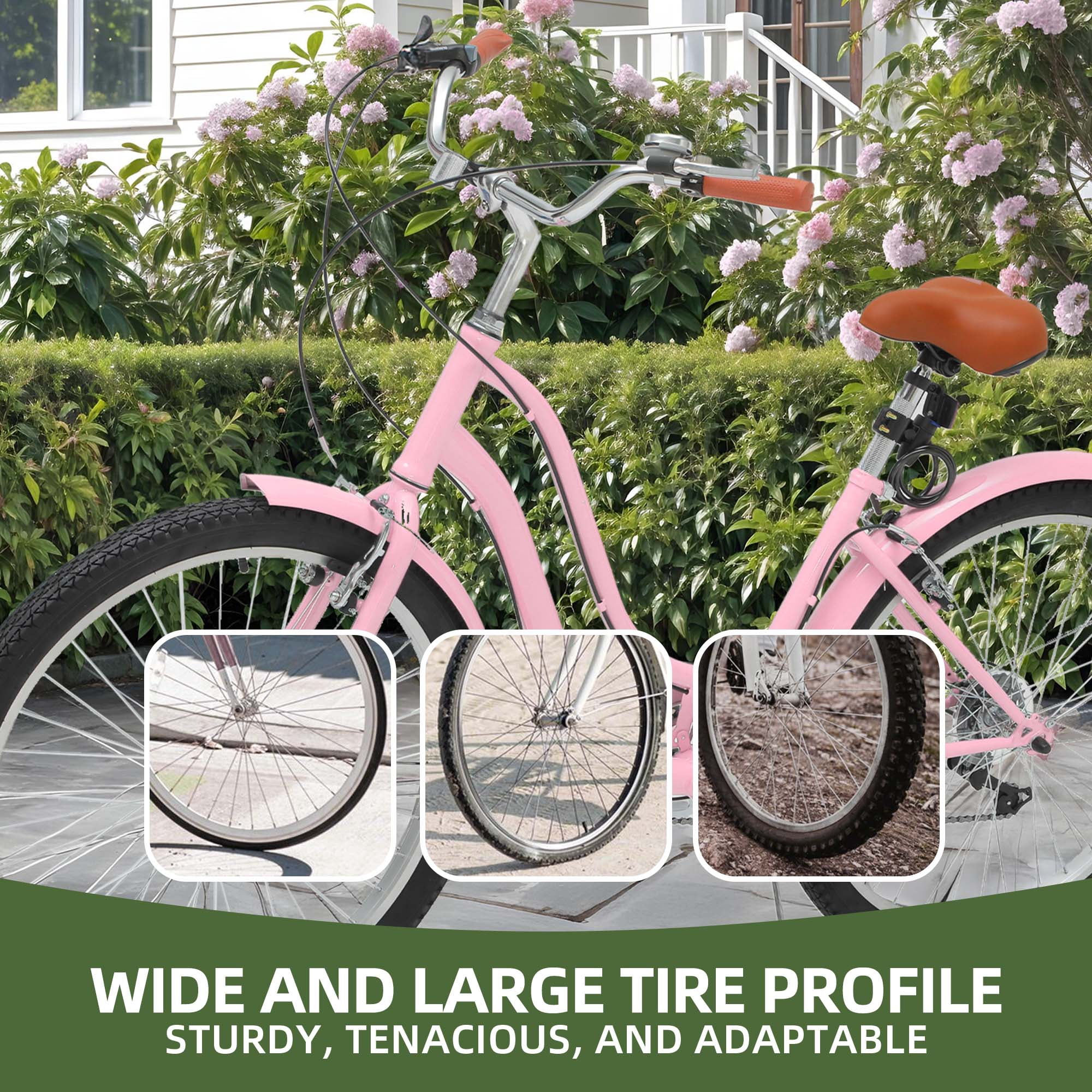 Uforic 26 Inch Beach Cruiser Bike, 7-Speed, Step-Through Bicycle for Men & Women, Steel Frame, Pink