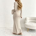 thumbnail image 5 of Purcolt Womens Maternity Ribbed Knit Maxi Dress Elegant Ruffled Trim Mock Neck Flare Long Sleeve Mermaid Dress Comfort Stretchy Slim Fit Bodycon Long Dress, 5 of 9