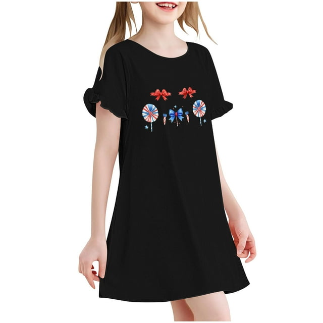 Pyjama Fille Robe Chemises de Nuit T-Shirts Robe de Printemps Décontractée Noire 10-12 Ans