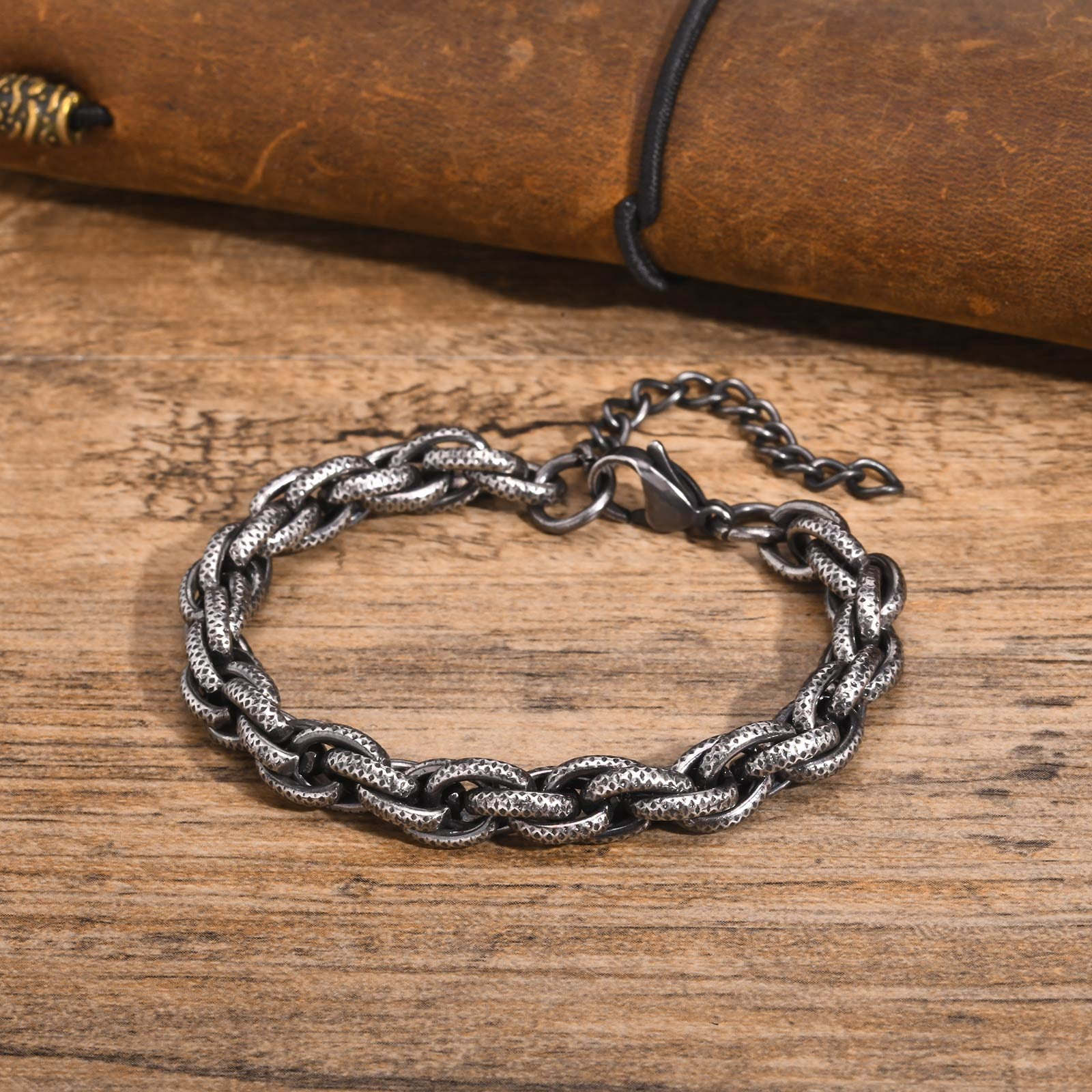 Vintage Handmade Chain Bracelets for Men Boys,8mm Width 14K White Gold Link Wristband,Punk Rock Jewelry Gift for Him