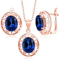 Gem Stone King 18K Rose Gold Plated Silver Blue Created Sapphire Pendant and Earrings Jewelry Set for Women | 9.90 Cttw | Gemstone September Birthstone | Oval 10X8MM | With 18 inch Chain