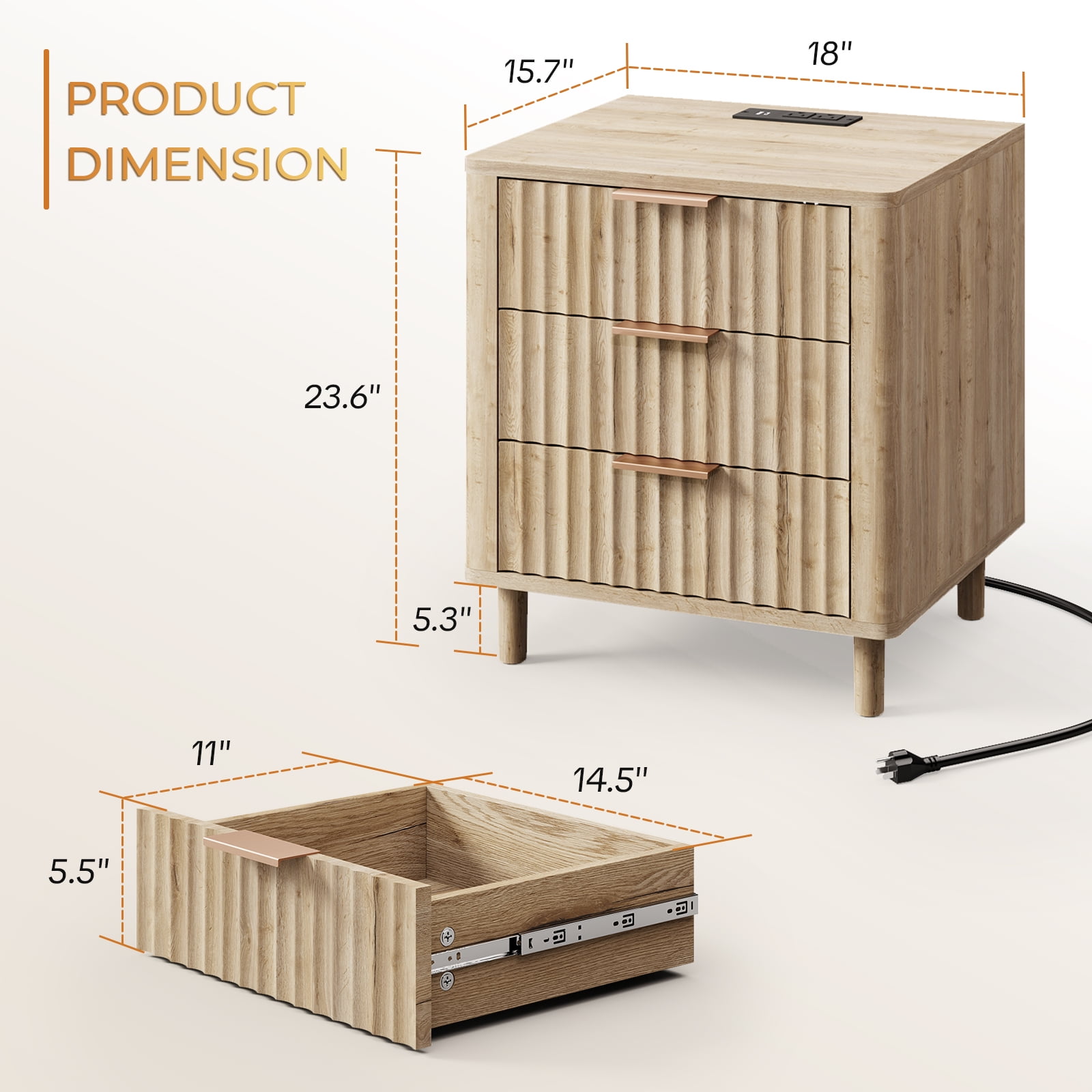 18" Wide Fluted Nightstand Set of 2 with Charging Station Modern Wood Bedside Table with 3 Drawers, Mid Century End Table for Bedroom Living Room Office, Oak
