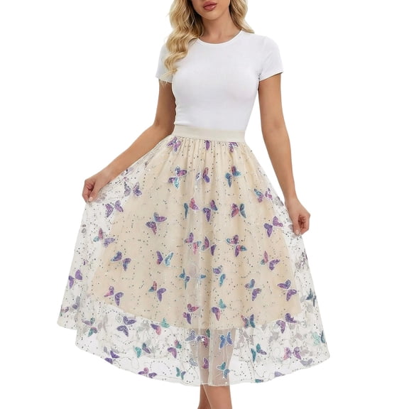 DHFJKG Sequins Embroidery Skirt Women High Waist Flared A Line Party Wear Midi Skirts Fairy Butterfly Trendy Skirt