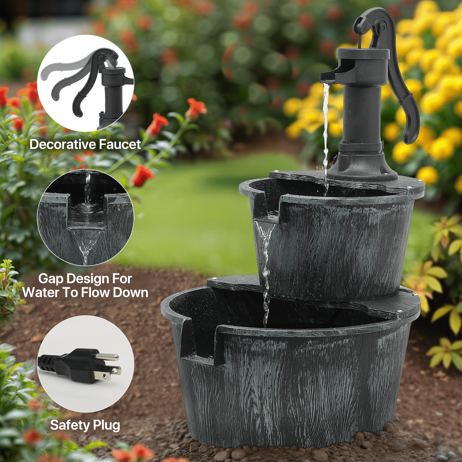 OSM Outdoor Water Fountain, 27" Tall 2-Tier Barrel Design with Waterfall and Electric Pump, Freestanding Water Feature for Garden, Patio, Backyard, Porch, 11 L Capacity, Dark Green