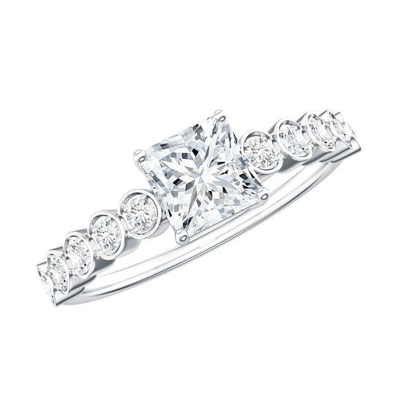 Rosec Jewels Princess Cut Moissanite Engagement Ring with Side Stones - 5 mm - D-VS1 Quality, 925 Sterling Silver, US 4.00