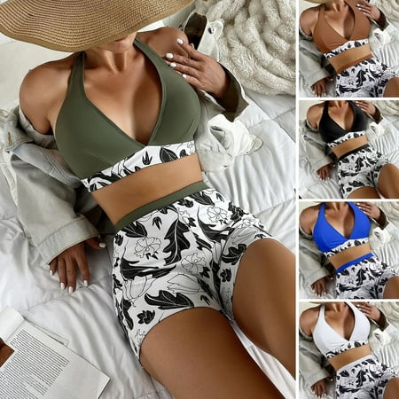 Guiexla 2Pcs/Set Adjustable Lacing-up Backless Floral Print Bikini Set Halter Bra High Waist Boyshorts Bathing Suit Beachwear
