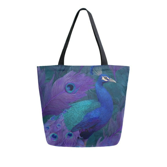 Open Top Canvas Tote Bag with Zipper Reusable Shopping Bag 13.5x15" Roomy Carryall Peacock Pattern