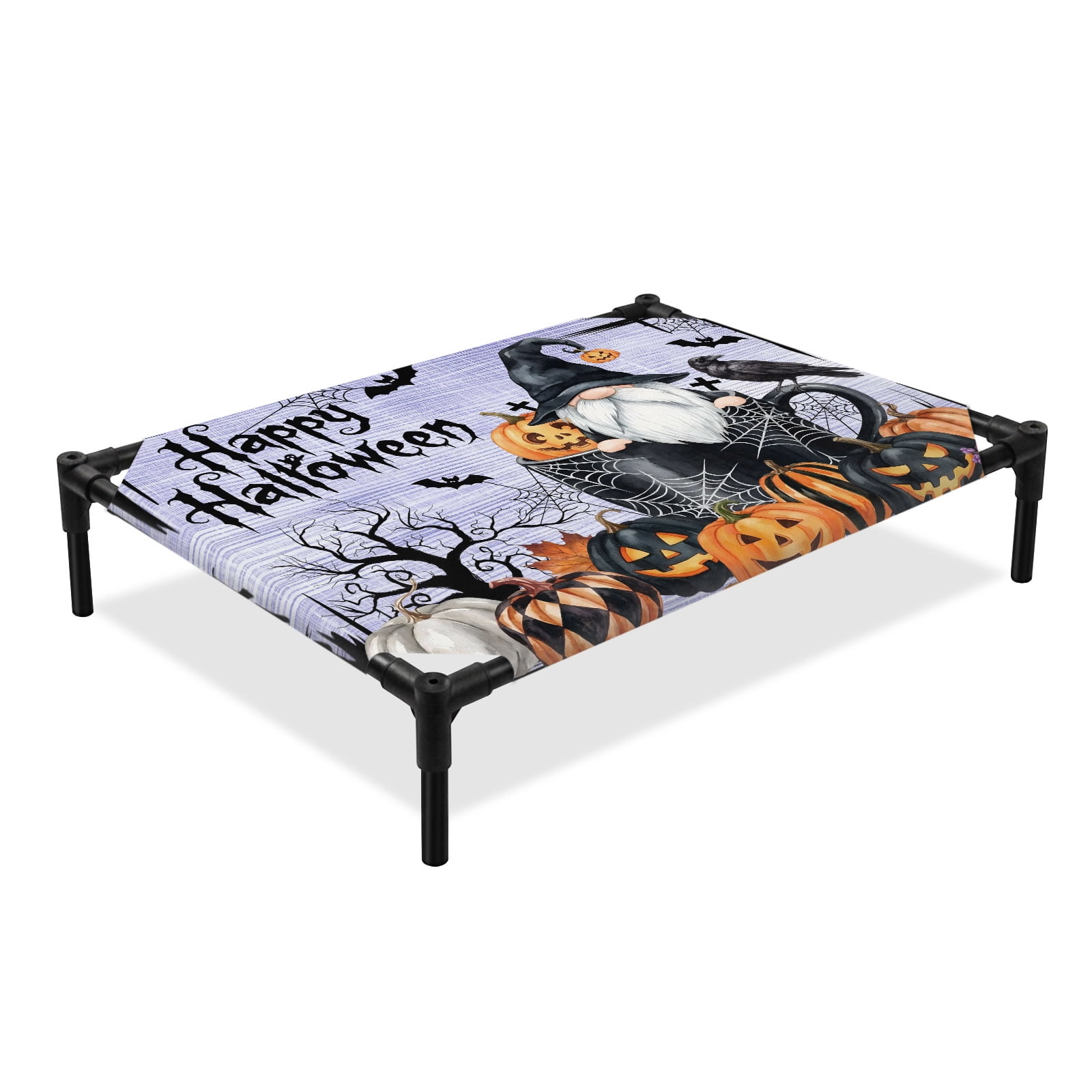 Happy Halloween Elevated Dog Bed Cobweb Witch Gnomes Spooky Pumpkin Purple Linen Cooling Breathable Outdoor Raised Dog Cot Bed with Metal Frame Non-Slip Feet for Large Dog 28x22in