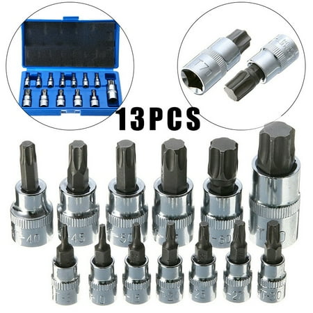 

BAMILL 13Pcs Tamper Proof Torx Star Bit Socket Kit Set 1/4in 3/8in 1/2in Drive w/ Case