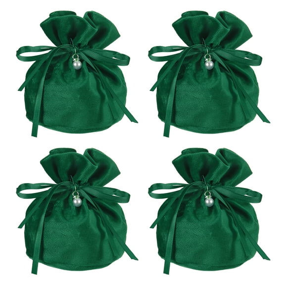 Uxcell Flannel Drawstring Gift Bags, Jewelry Pouches Mini Gift Packaging Bag, 6 x 5.5 in Storage Pouch with Pearl (4 Pack, Dark Green)