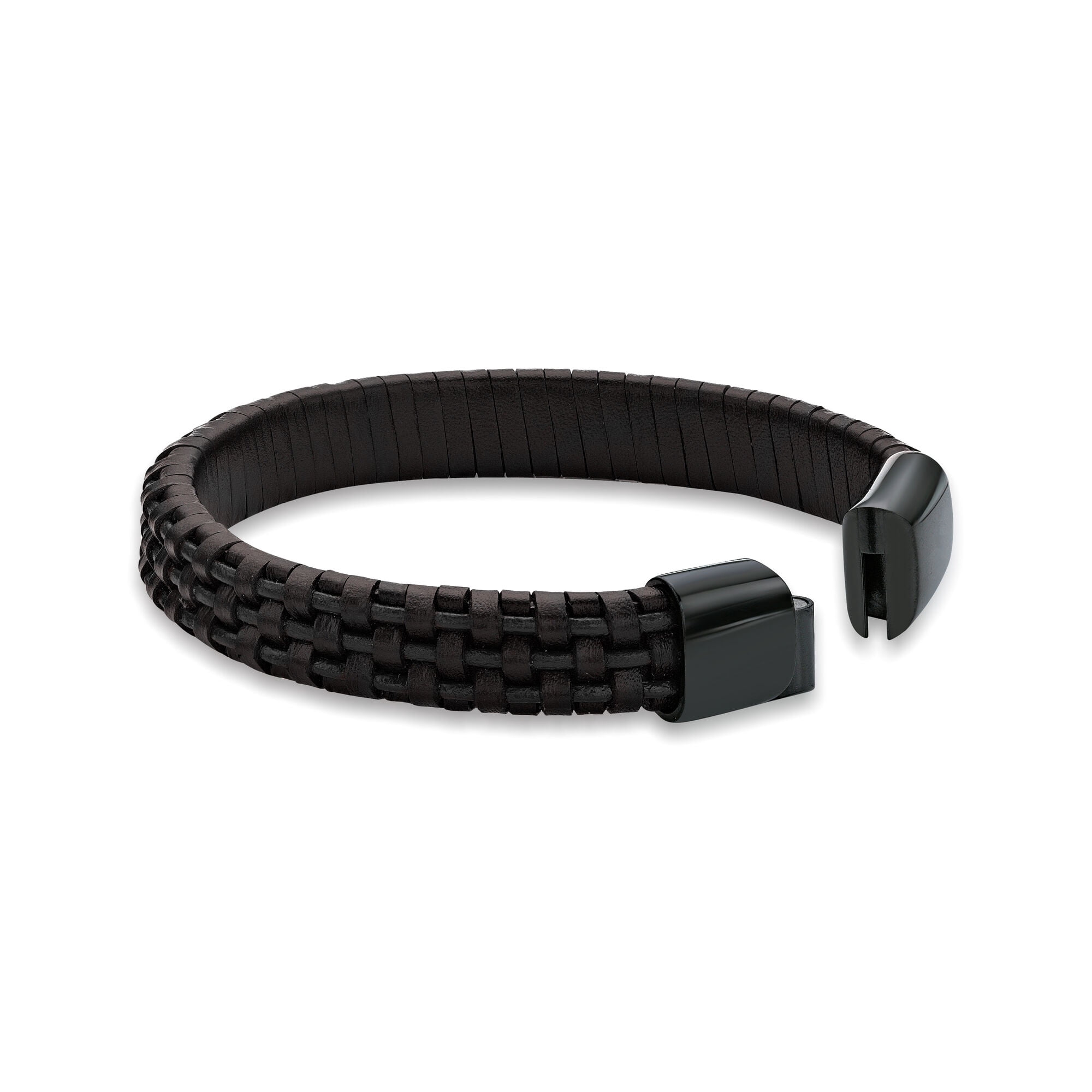 Metro Jewelry Men's Stainless Steel Black Genuine Leather Bracelet with Black Ion Plating and Magnetic Clasp - 8.5 Inches Long