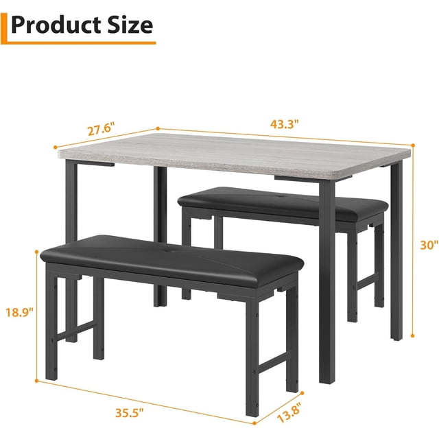 3 - piece dining mesa set para 4 con 2 forrado benches: space - saving dining room set para breakfast nook y small spaces in gris