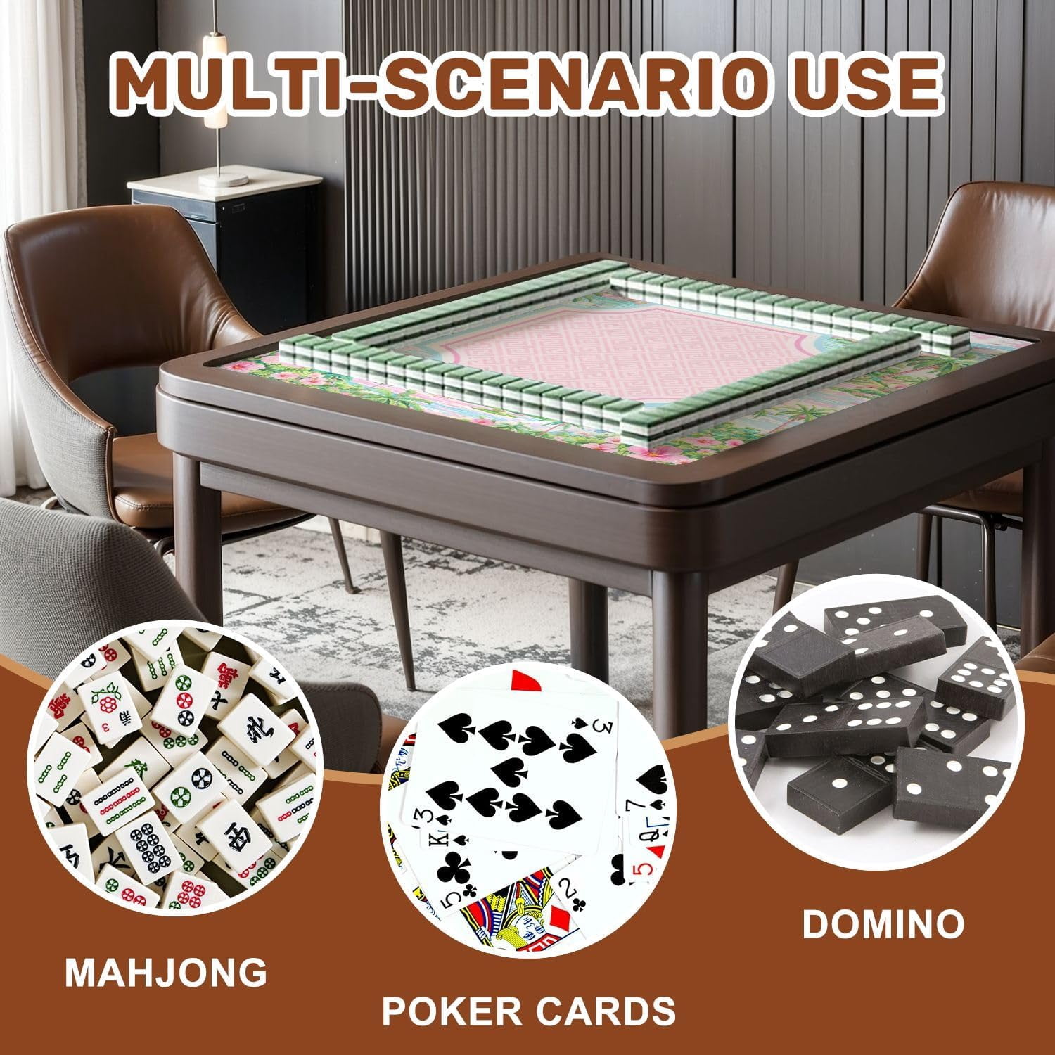 Mahjong Mat with Carrying Bag 31.5" x 31.5" Non-Slip Noise Reduction Tropical Palm Beach Frame Hibiscus Flowers Pastel Coastal Table Mat for Mahjong Poker Dominoes Card Board Tile Games