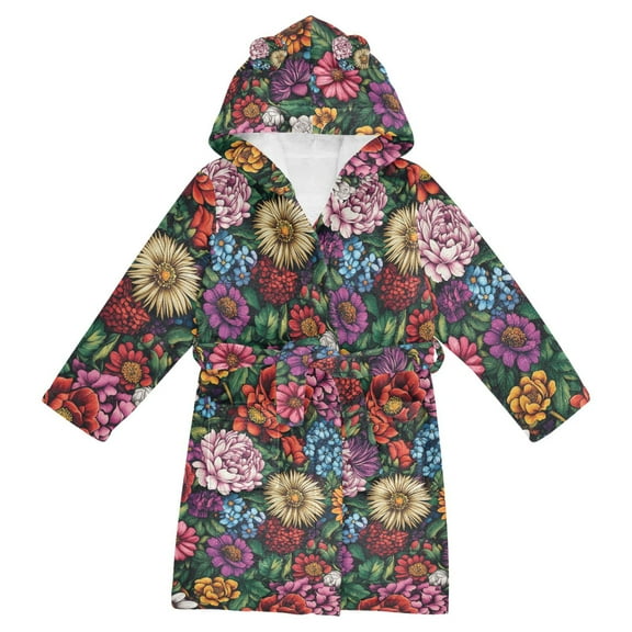 FORMRS Niños Bathrobe Unisex Hooded Robe Soft Plush Pajamas Sleepwear, Size 2-3T, Vibrant Flowers Pattern