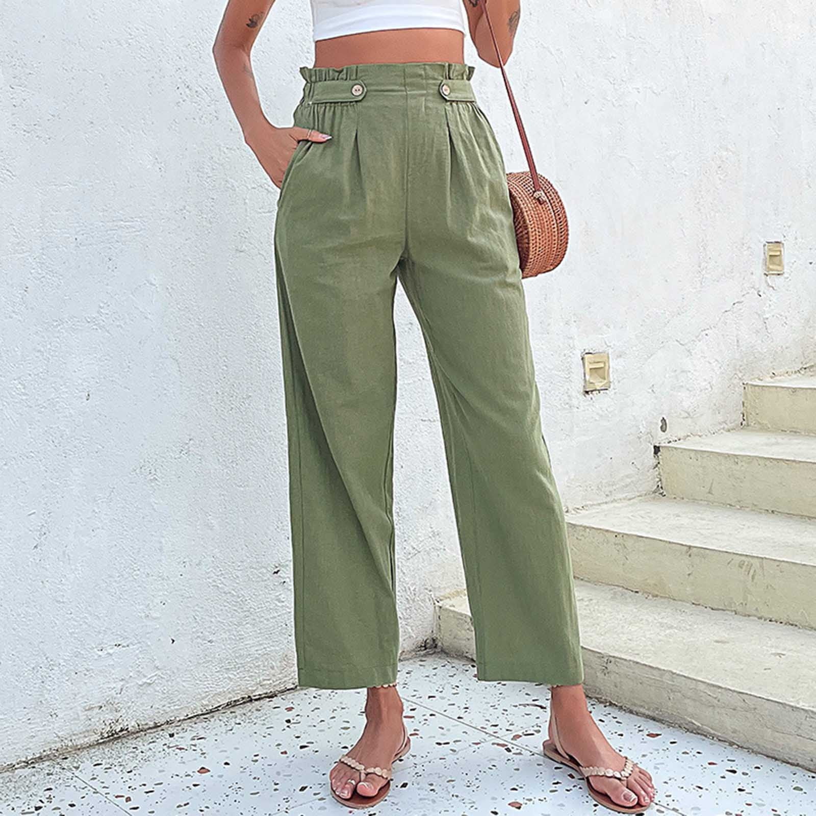 Jovati Elastic Waist Pants For Women Women Casual Cotton Linen Solid Elastic Waist Pocket High Waist Pants Cotton Linen Pants Women Cotton Pajama Pant