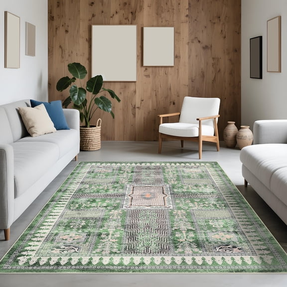 8'x10' ZACOO Patchwork Distressed Machine Washable Area Rug Low‑Pile Non‑Shedding Foldable Stain & Mark Resistant Carpet for Living Room Bedroom , Green