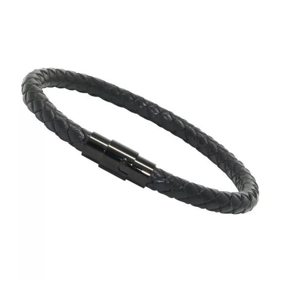 Genuine Braided Leather Bracelet with Black Stainless Steel Clasp, 7-Inch Black