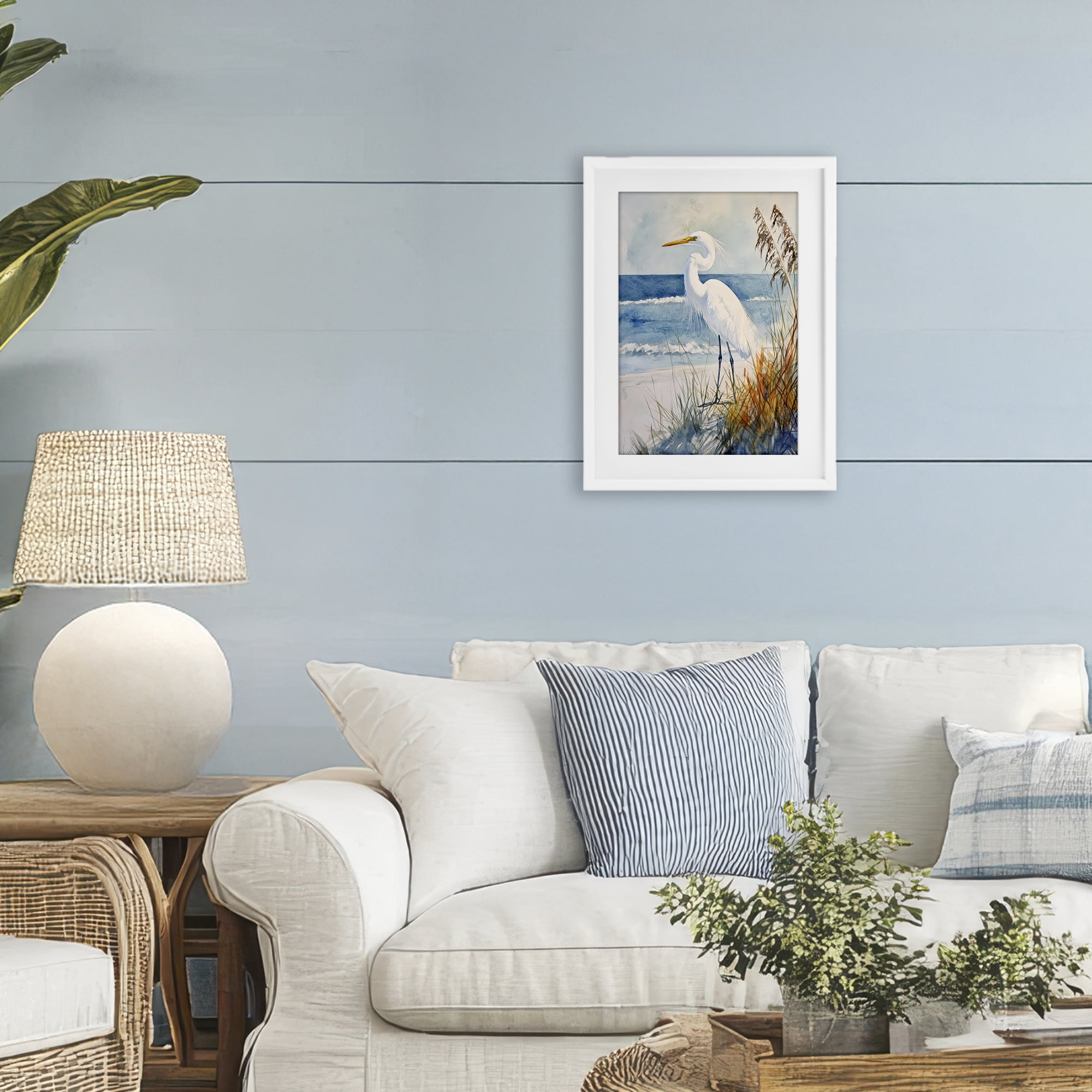 Stupell Industries Egret By The Waves White Framed Print Under Glass, design by Petal Prints Design
