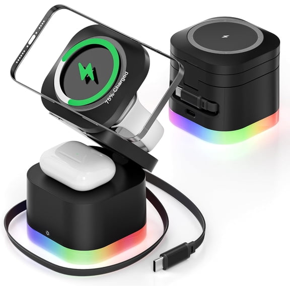 5 in 1 Magnetic Wireless Charger,Foldable Wireless Charging Station with Night Light,Portable Retractable Cable Travel Fast Charger Stand for i Phone 17/16/15/14/13/12,i Watch,Air Pods Pro 3 (Black)