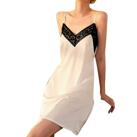 

Women Pajamas Elegant Lace V Neck M Shape Color Block Satin Slip Dress for Women