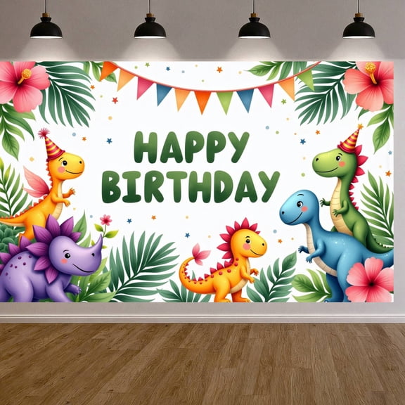 Cute Cartoon Dinosaur Banner Tropical Greenery Birthday Backdrop Vibrant Color Party Display for Kids Birthday Party Indoor Celebration Photo Booth